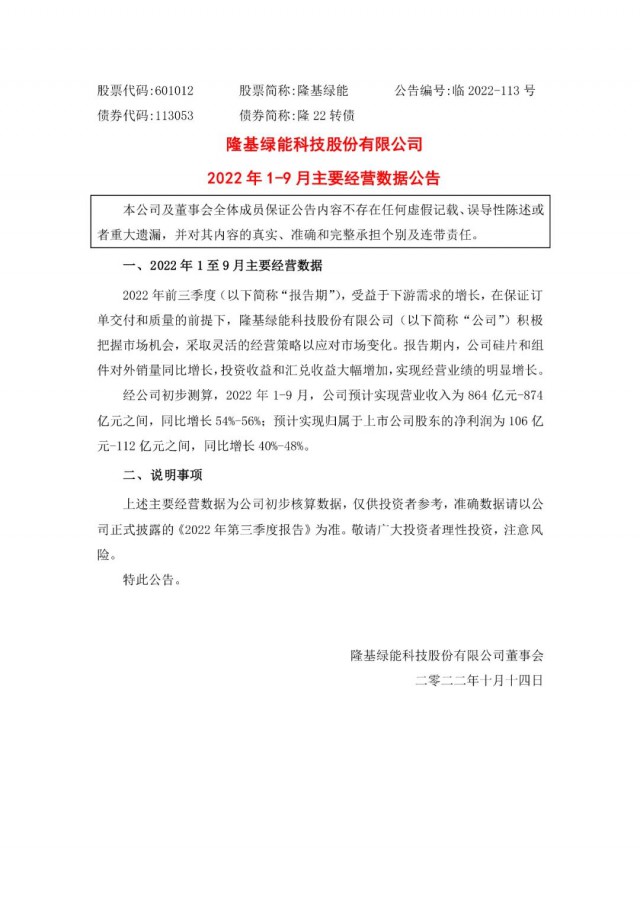 隆基綠能：營收或超864億，預(yù)計前三季凈利或在106億元-112億元之間